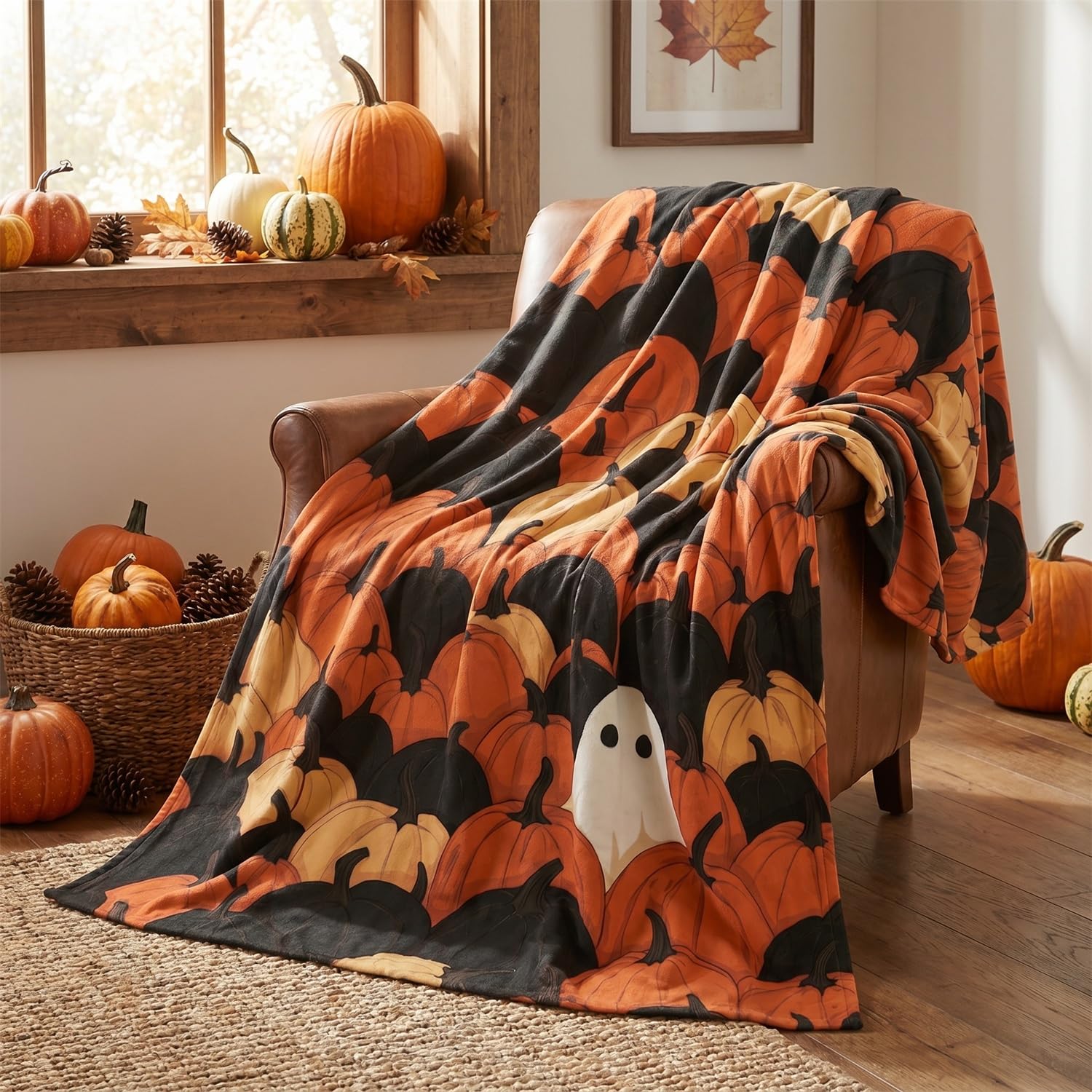 Horaldaily Halloween Flannel Blanket Throw,Black Orange Pumpkin